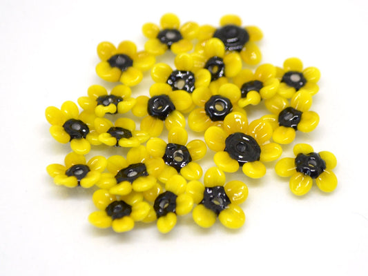 Sunflower glass beads, Very small yellow flower beads, Yellow black flower beads, Tiny sunflower beads, Lampwork sunflower beads,7mm flowers