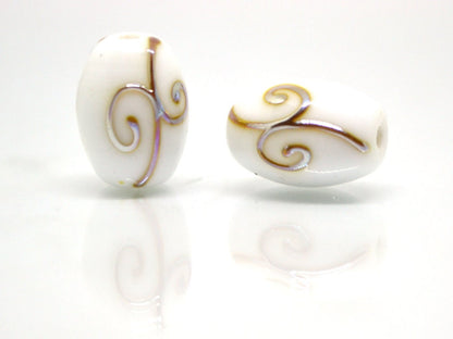 White opaque barrel glass beads gold curles, Oval lampwork beads, Handmade lampwork, Beads for wedding jewelry, Bead set, Beads crafts