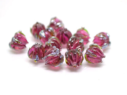 Pink Magenta flower beads, Berry floral beads, Pink yarrow glass beads, Very berry glass beads, 7mm flower beads, Artisan lampwork