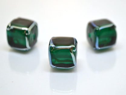 emerald glass beads handmade green cube beads lampwork cube bead geometric glass bead square lampwork bead art glass beads green silver bead