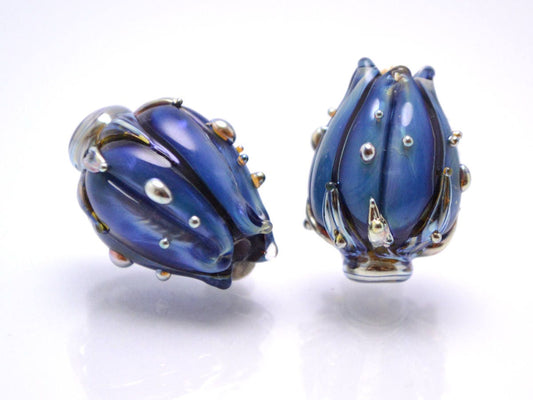 Floral Pendant Focal Flower beads Artisan lampwork Glass Beads Handmade flower Glass flower beads Space Lampwork Blue beads Bud beads