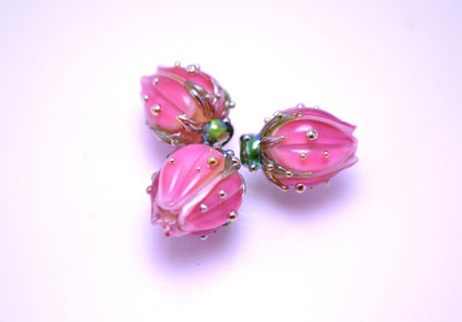 pink flower lampwork bead rose gold dots bud artisan handmade glass jewelry making dew green Leaf floral beads for earrings pendant wedding