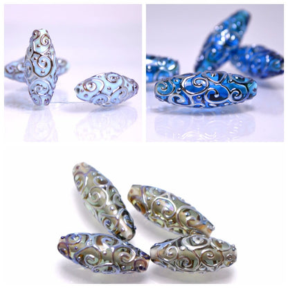 lampwork glass handmade bead rhombus oval bead swirl aqua jewelry supplies blue design bead artisan lampwork glass set silver curls on blue