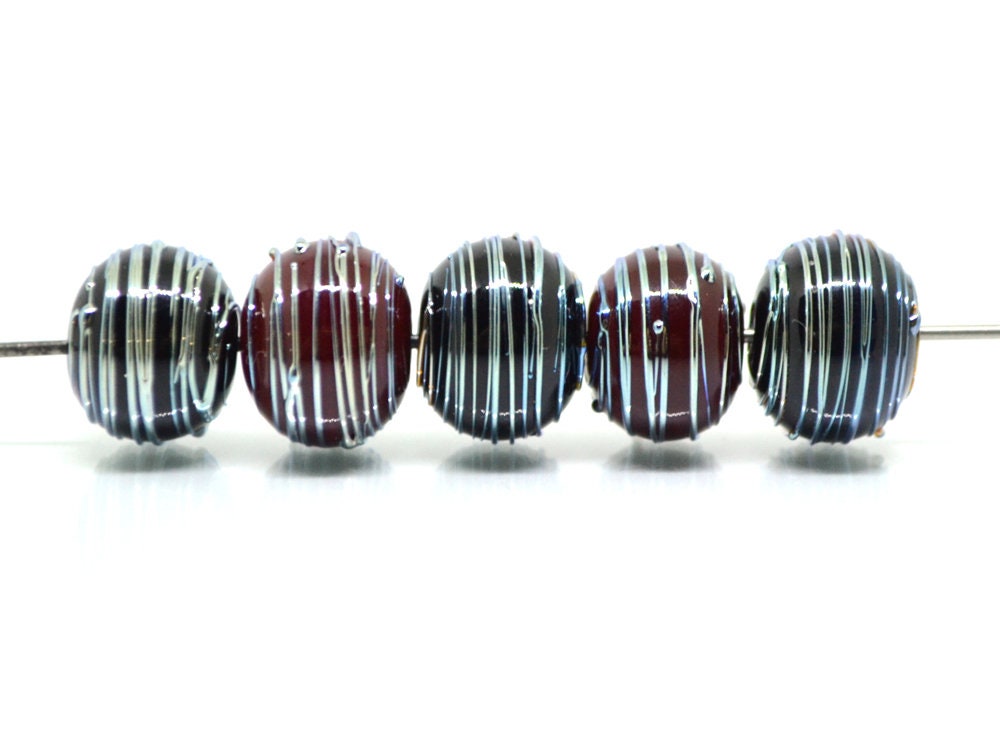 Black Red lampwork Handmade Beads, Stripes beads, Silver Stains beads, silver patterns, electric beads