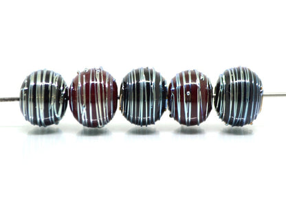 Black Red lampwork Handmade Beads, Stripes beads, Silver Stains beads, silver patterns, electric beads