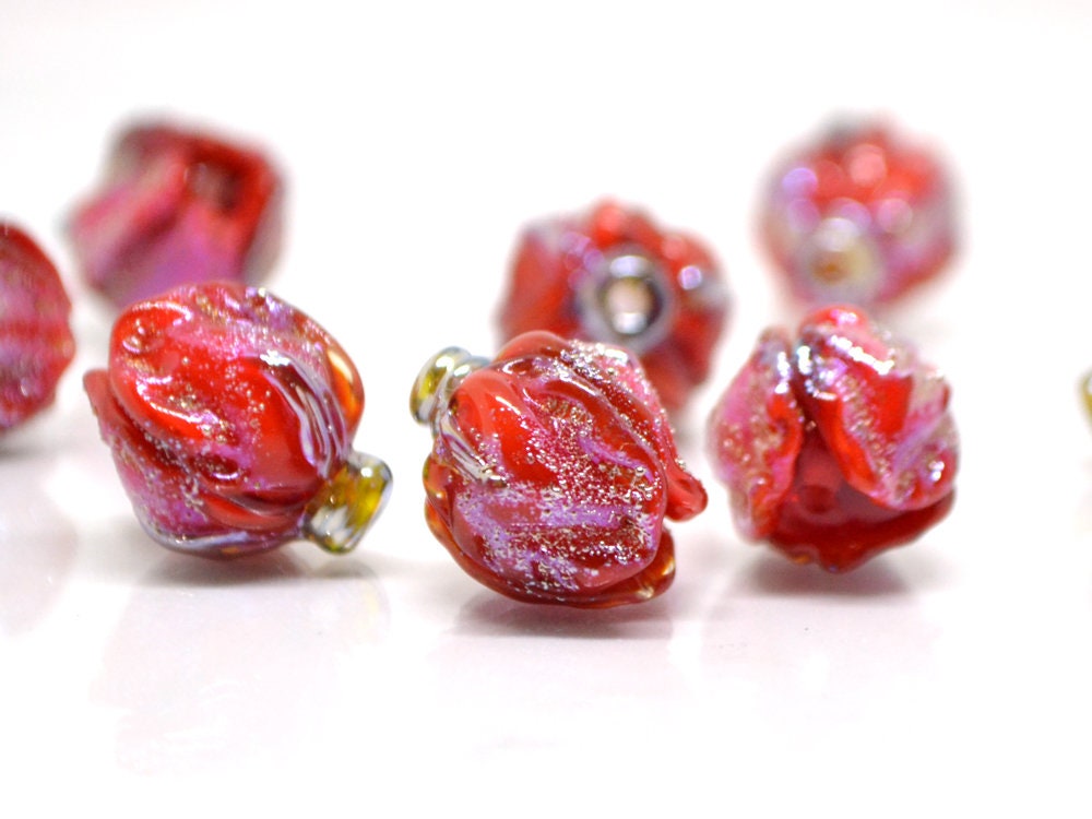 Scarlet red rose bud beads, Glitter Lampwork Bead, Stardust Flower lampwork beads, Sparkling beads, Glitter beads