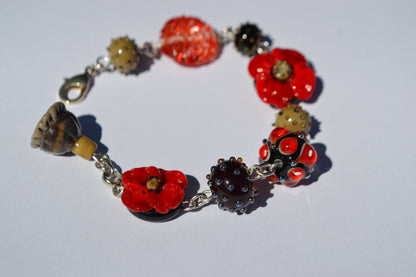Lampwork bracelet lampwork bead handmade poppy jewelry black red bead bracelet blossom bracelet dot bead floral chain bracelet silver