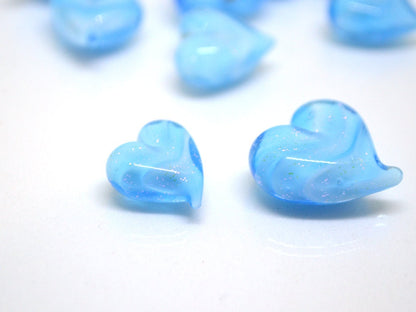 Blue heart beads, Sparkle Lampwork heart, Sky blue glass beads, Glass heart shape bead, Heart charm beads, Half-drilled beads, Handmade
