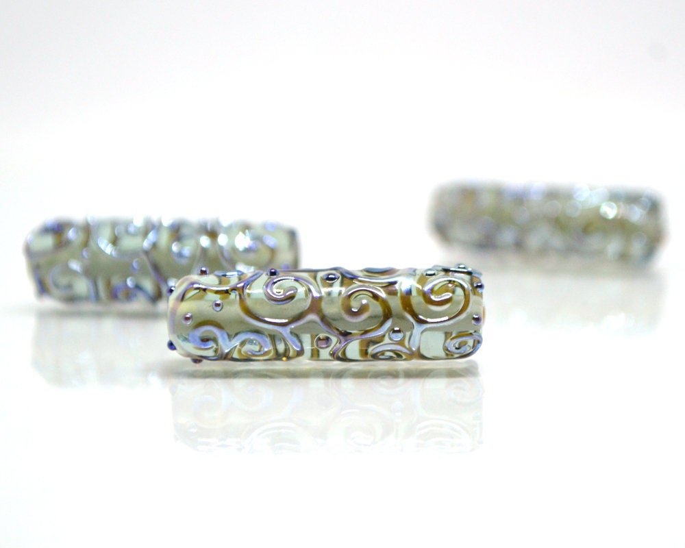 Gray lampwork tube bead, Silver mirror swirl transparent bead, Jewelry making supply, Artisan lampwork, Textured beads, Focal beads, Smoky