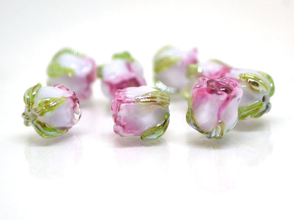 Pink white 8mm rosebud beads with green leaves, Pink Floral beads, Lampwork Rose beads, Flower glass beads, Flower Earrings,Artisan Lampwork