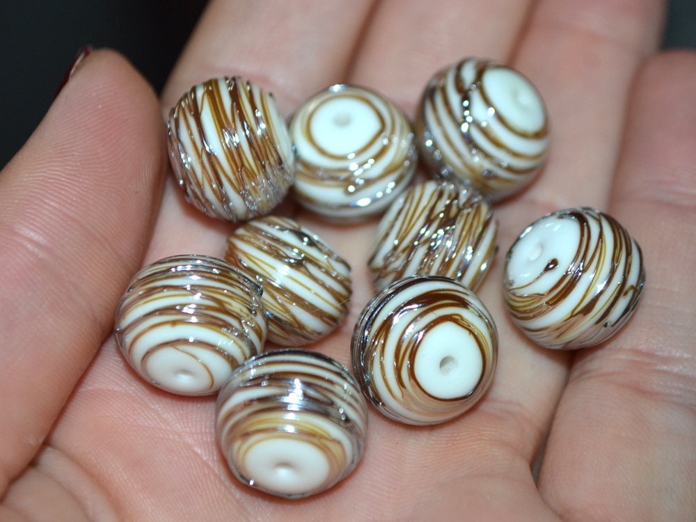 White and gold lampwork glass Beads, Stripes beads, Silver Stains beads, electric beads, Artisan lampwork, Handmade glass beads, beige beads