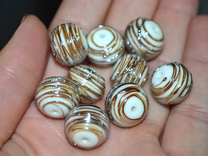 White and gold lampwork glass Beads, Stripes beads, Silver Stains beads, electric beads, Artisan lampwork, Handmade glass beads, beige beads