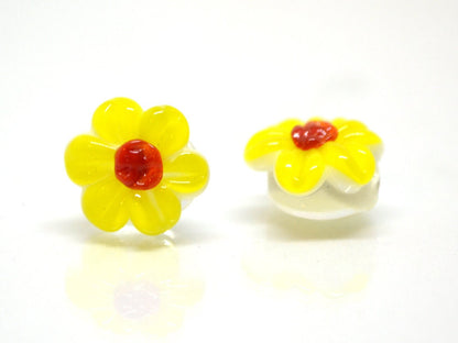 Yellow Chamomile beads, Lampwork Chamomile flower bead, Yellow and red beads, Lentils beads, Yellow floral lampwork