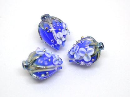 Cobalt flower bouquet lampwork beads, Sapphire lampwork beads, Artisan lampwork, 3d flower beads