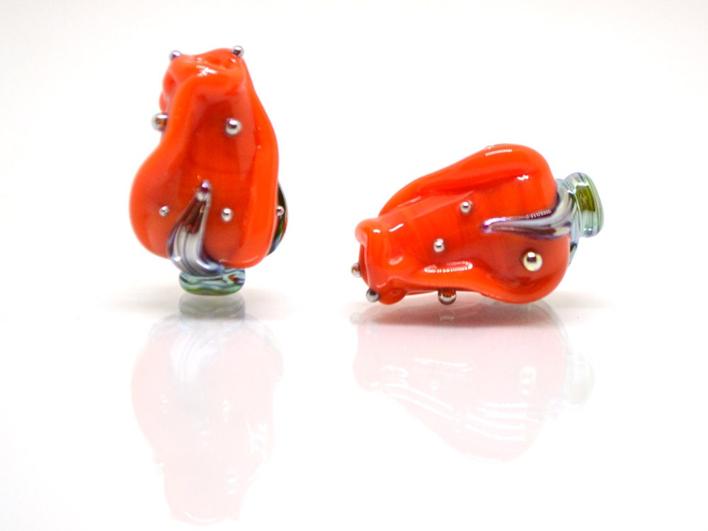 Orange silver twisted rosebud  beads, Flower lampwork bead, SRA beads, Bright colors
