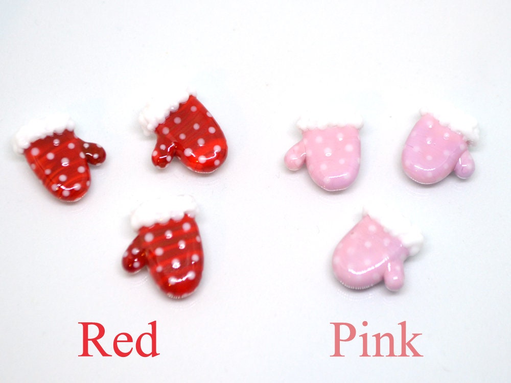 Lampwork mitten bead, Pink Red glass mitten bead, Christmas lampwork