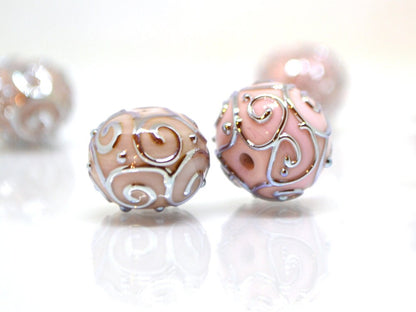 Pale pink beads with silver curls, Handmade glass beads, Artisan lampwork Set, SRA beads, Round beads, Jewelry making, Beads set