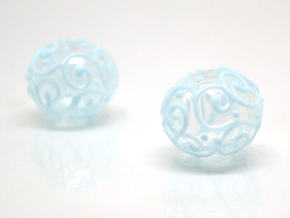 Clear hollow glass beads with blue curls, Artisan lampwork beads, Winter glass beads, Snow design beads, Snow jewelry making