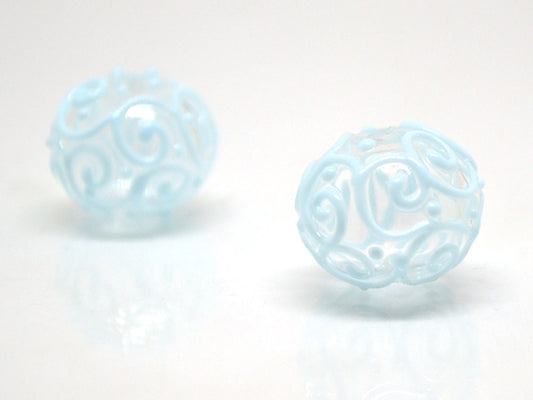 Clear hollow glass beads with blue curls, Artisan lampwork beads, Winter glass beads, Snow design beads, Snow jewelry making