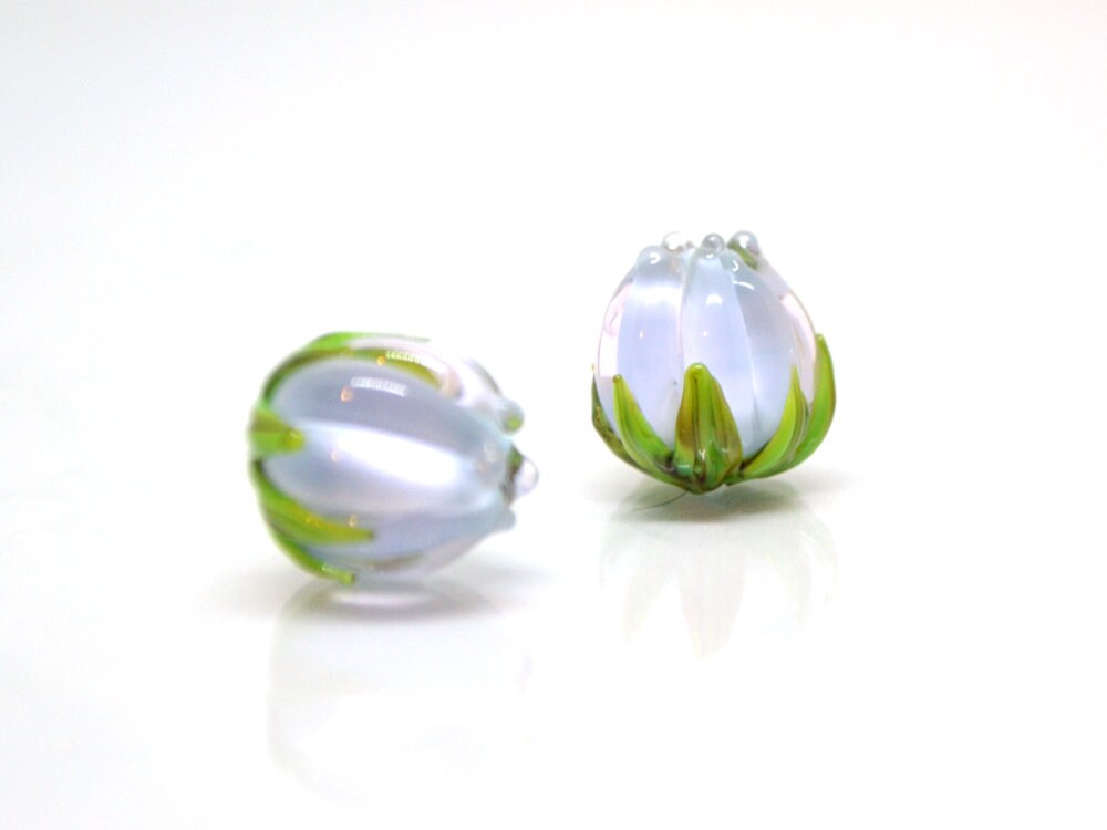 Pale blue and pink flower beads, Pastel Floral glass beads with green leaves, 12mm flower beads, Easter, Artisan lampwork