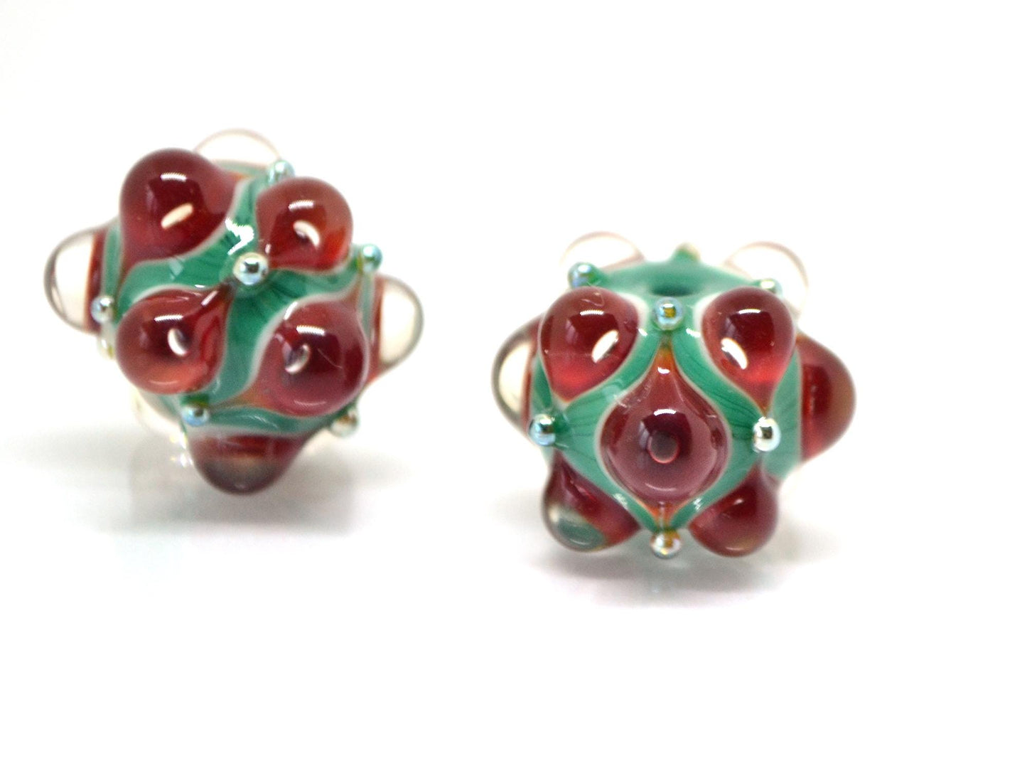 Red Green Lampwork bead, Red dots glass beads, Green lampwork beads, Rondelle beads with dots, Artisan lampwork, Handmade bead