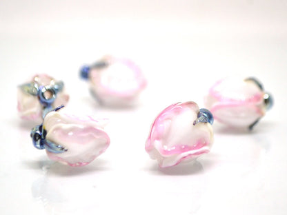 Tender pink flower beads, Lampwork floral beads, Glass flower beads, Pink silver floral beads, Artisan lampwork, Flower earrings DIY