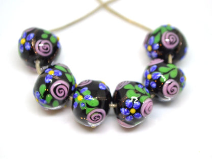 Ethnic black Glass beads, Venetian Glass, Vintage bead jewelry, Black pink glass beads, Artisan lampwork, flower, hutsul beads