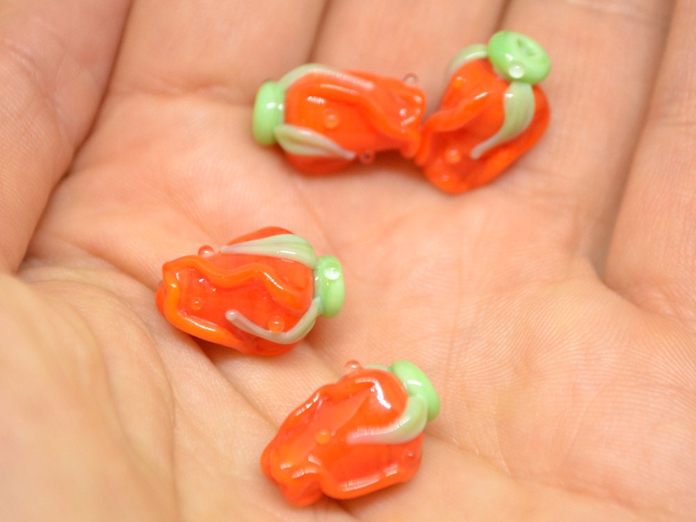 Orange rose bud beads, Lampwork Glass rosebud beads, Lampwork rose flower, Focal lampwork beads