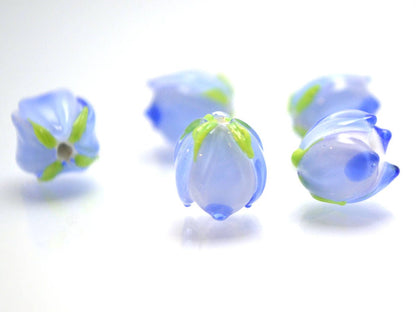 blue flower lampwork bead Tender floral glass bud Spring spot bead jewelry making Artisan lampwork Blue white set Small light blue spacer