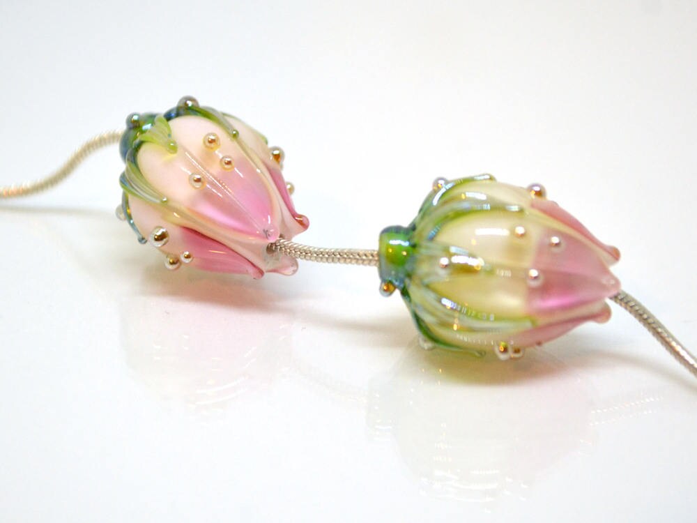 pink white beads lampwork glass beads lampwork pink beads pink flower white handmade flower beads for earrings making jewelry