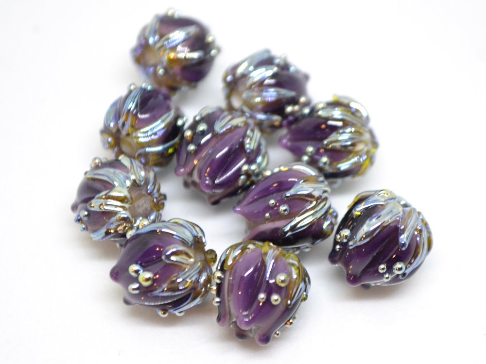 Dark Purple flower beads silver dots, 10mm glass beads, Artisan lampwork, Floral beads, Luxury beads, 3d flower bead, Handmade flower glass
