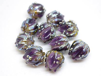 Dark Purple flower beads silver dots, 10mm glass beads, Artisan lampwork, Floral beads, Luxury beads, 3d flower bead, Handmade flower glass