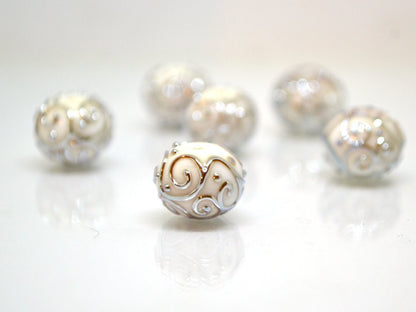 White beads with silver curls, Glass art beads, Handmade lampwork beads, Artisan lampwork Set, Round beads, Jewelry making, Beads set