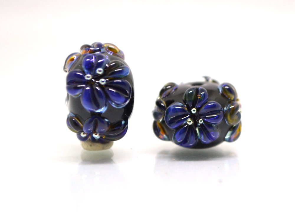 Dark lavender flower beads, Rondelle flower beads, Black blue glass beads, Spacer flower beads, Rondelle lampwork, Rondelle spacer bead
