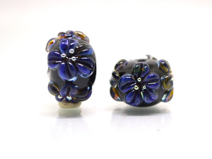 Dark lavender flower beads, Rondelle flower beads, Black blue glass beads, Spacer flower beads, Rondelle lampwork, Rondelle spacer bead