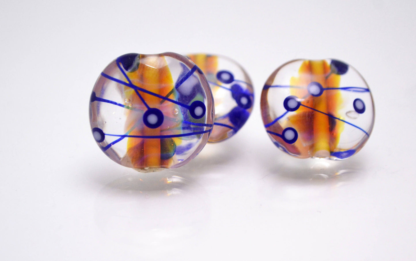 Lines glass beads for jewelry making set beads lampwork handmade artisan beads clear blue orange lentils lampwork necklace bead making