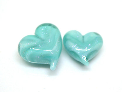 Turquoise heart beads, Green blue glass bead, Sparkle Lampwork heart, Heart shape bead, Glass Heart charm beads, Half-drilled beads