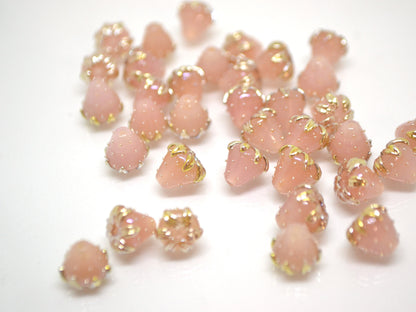 Pink floral beads with gold leaves, Peach pinky flower beads, Tiny glass beads, Light pink 7mm flower beads, Handmade lampwork