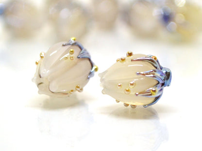 White opaque flower beads, White purple gold lampwork beads, Floral lampwork, White milk beads