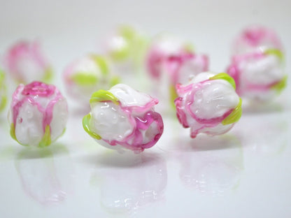 Amazing pink white rose bud beads, lampwork rosebud, Glass rose beads, Artisan lampwork, Floral Jewelry, Jewelry making, Flower lampwork