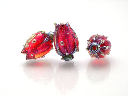 Handmade lampwork Flower lampwork Artisan lampwork Floral pendant Glass Beads pink red wine netting pendant jewelry making romantic silver