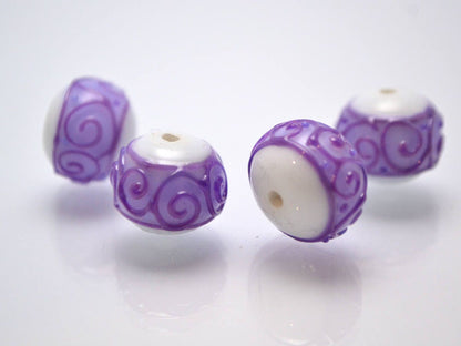 white purple lampwork glass rondelle bead handmade artisan lampwork bead set jewelry making earrings violet curl texture swirl carved beads