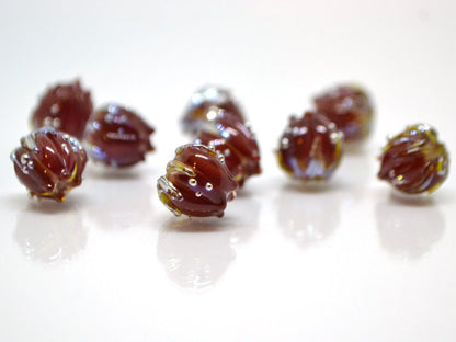 Flower lampwork bead, 10mm Dark red flower bud with silver, Artisan lampwork bead sets, Floral lampwork Bordeaux Garnet Glass beads Handmade
