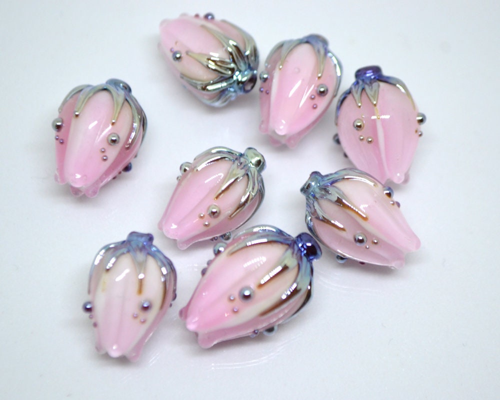 Milk pink and gold flower glass beads, Floral lampwork, Beads for jewelry, Artisan lampwork, Light pink beads, Handmade glass beads for you
