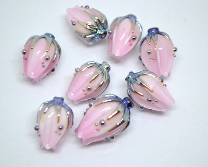 Milk pink and gold flower glass beads, Floral lampwork, Beads for jewelry, Artisan lampwork, Light pink beads, Handmade glass beads for you