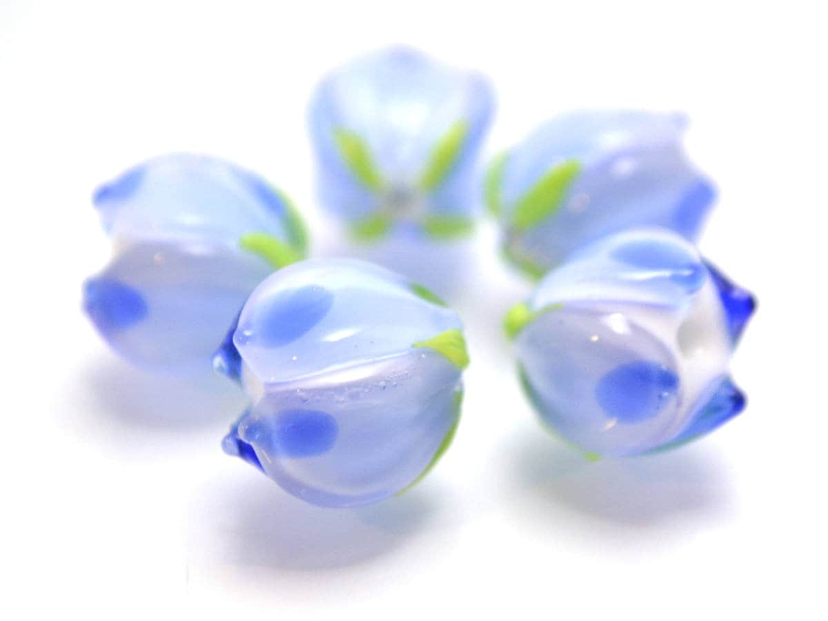 blue flower lampwork bead Tender floral glass bud Spring spot bead jewelry making Artisan lampwork Blue white set Small light blue spacer