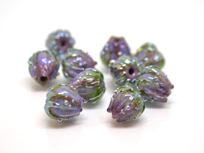Purple lavender sparkling flower beads green leaves, stardust flower, 10mm flower beads, Glass flower beads Floral lampwork Artisan lampwork