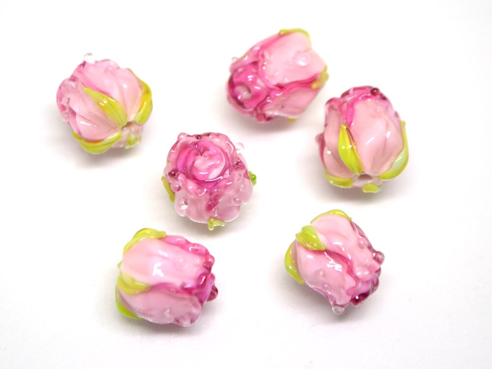 Bright Pink rosebud beads, Ombre glass beads, Gradient floral lampwork, Pink glass beads, Handmade glass beads, Lampwork one bead