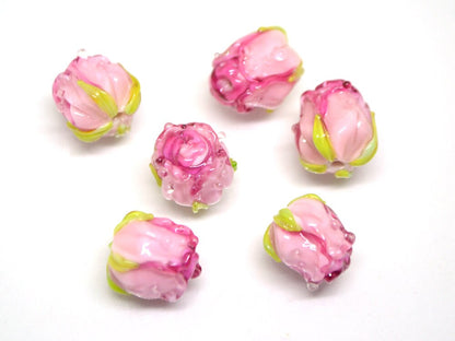 Bright Pink rosebud beads, Ombre glass beads, Gradient floral lampwork, Pink glass beads, Handmade glass beads, Lampwork one bead
