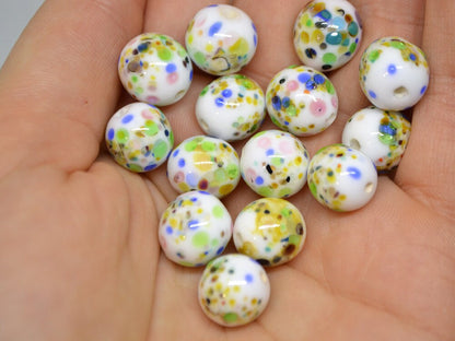 Colorful dots on white murano glass beads, Rainbow glass beads, Ethnic beads, Venetian style beads, Handmade beads, Artisan lampwork